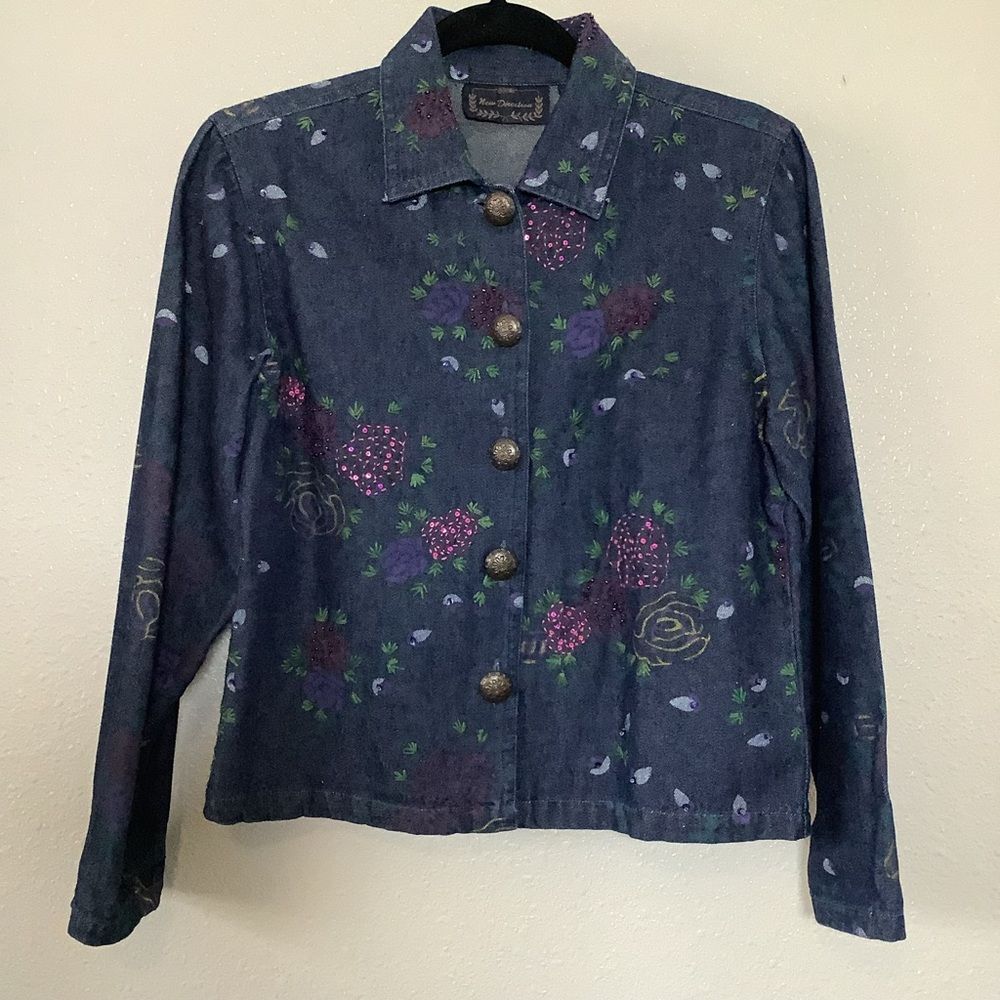 Floral Denim Artsy Unique Bohemian‎ Hippie Embroidery Button Up Shacket S
